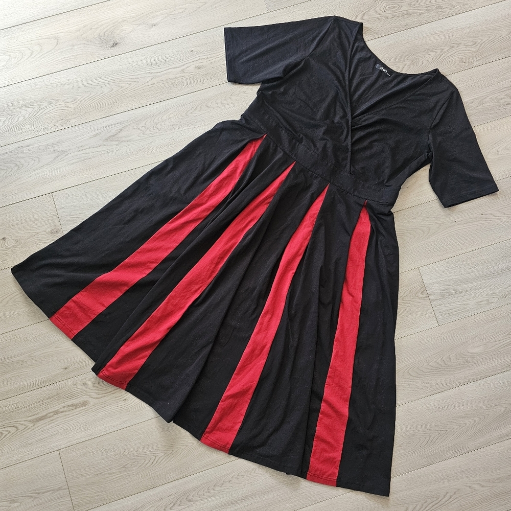 eShakti A-Line V-neck Black & Red Dress, 3X